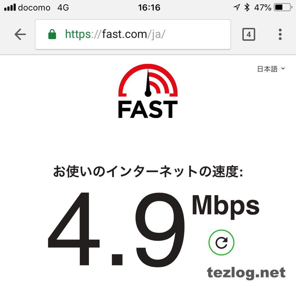 楽天モバイルの平日16時の通信速度 4.9Mbps