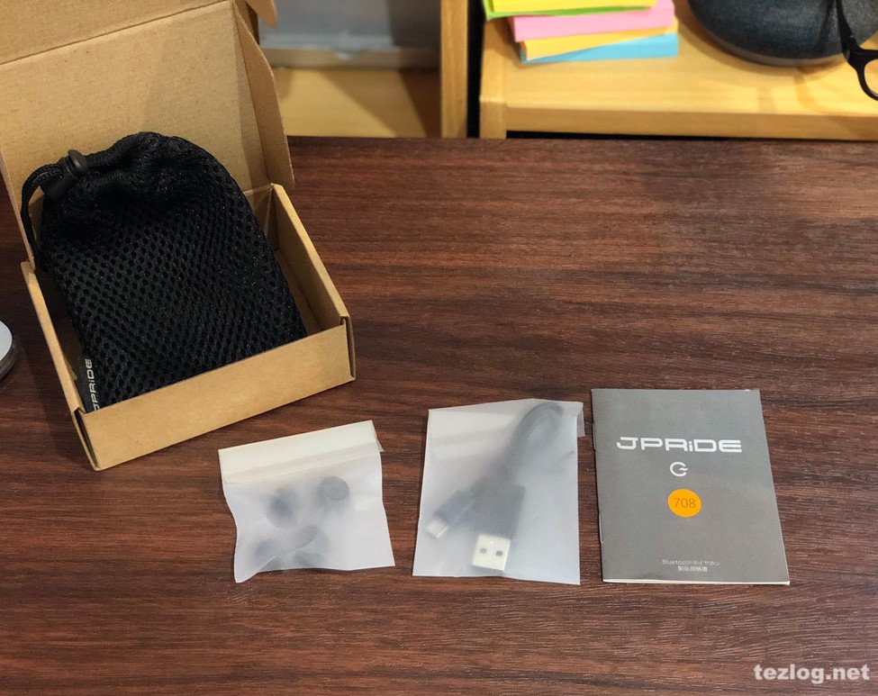 Bluetoothイヤフォン JPRiDE 708の付属品一式