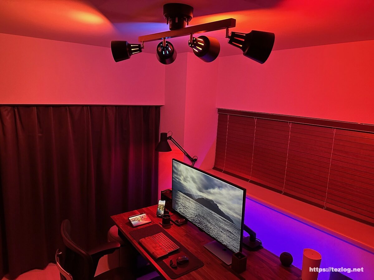 Philips Hue + Beaubelle シーリングスポットライトで作ったホームオフィス照明 。フルカラー。カラフルな色で点灯
