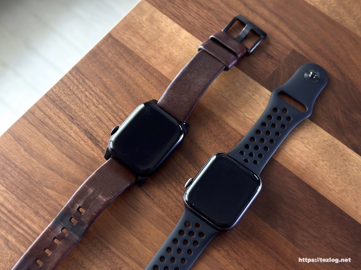 Apple Watch Series8 ミッドナイトアルミニウムケースとNOMAD MODERN BANDとApple Watch Series 5とNIKE スポーツバンド