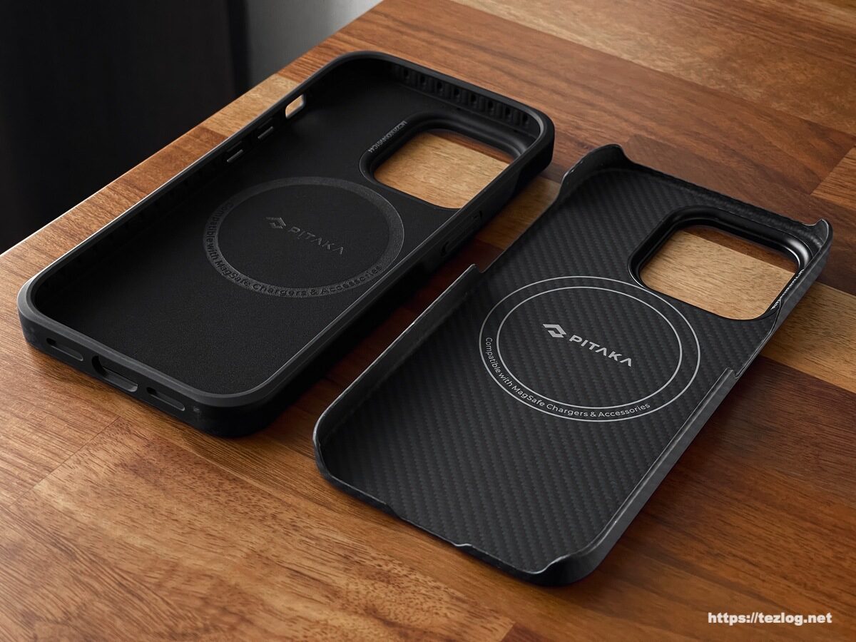 PITAKA MagEZ Case Pro 3 1500D 黒/グレーツイル柄とPITAKA MagEZ Case 3 iPhone 14 Pro 用 600D 黒/グレーツイル柄 内側の比較