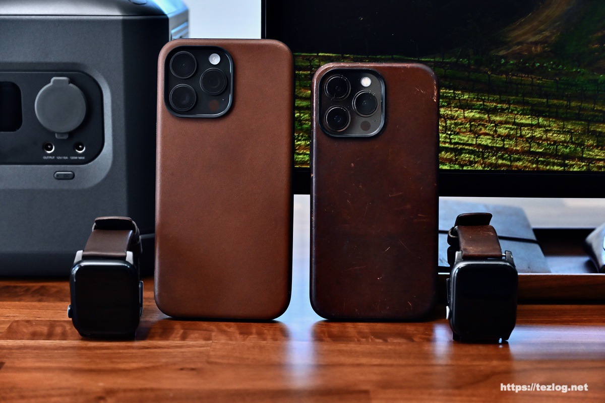 NOMAD Modern Leather Case iPhone 15 Pro Max ケース/ Apple Watch レザーバンド 新品と2年以上使った製品同士の比較