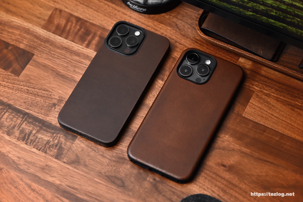 NOMAD Magnetic Leather Back Rustic Brown と Modern Leather Case iPhone 15 Pro Max 用