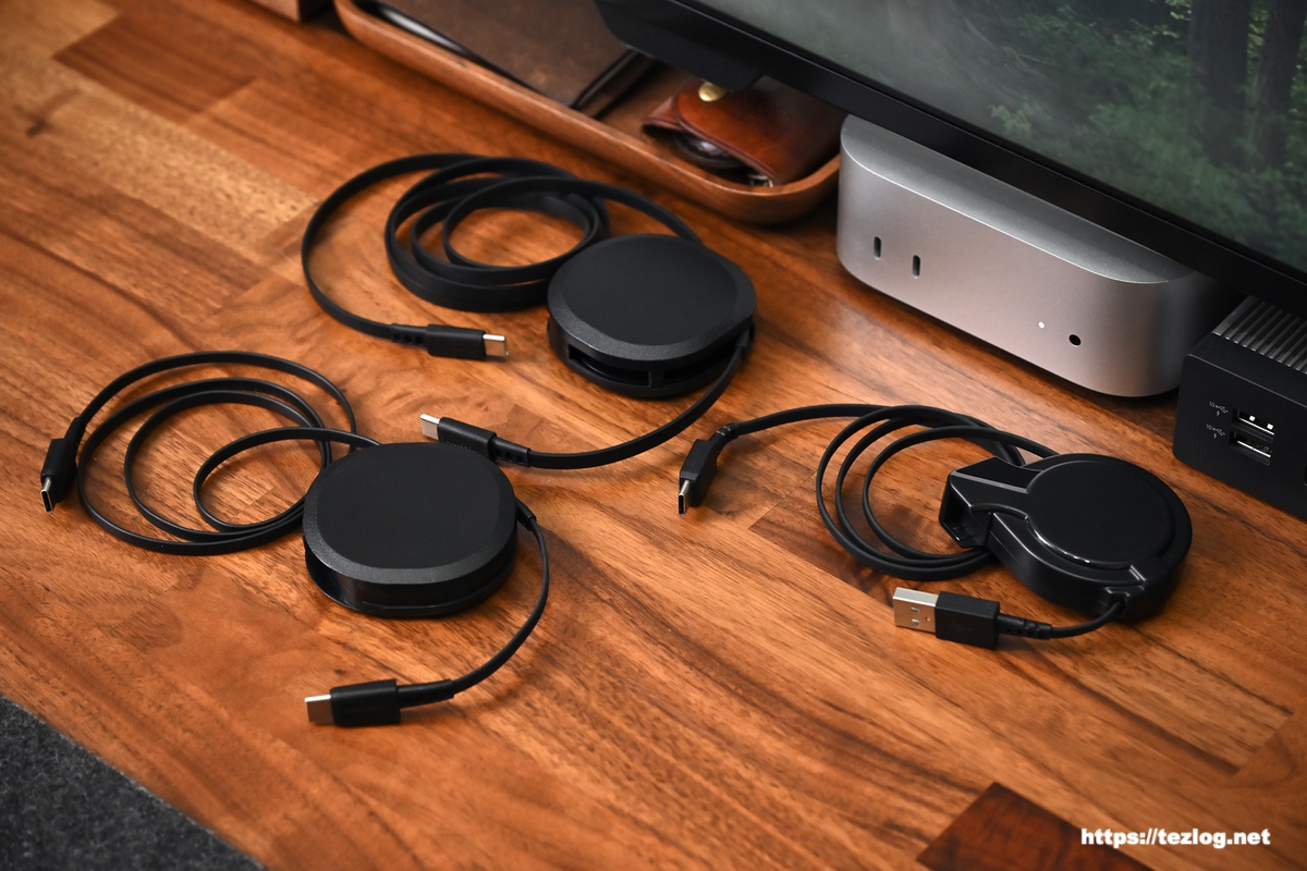 オウルテック 巻取り式ケーブル。USB Type-C to C 90cmタイプと120cmタイプ・USB Type-A to C 75cm。ケーブル全長。