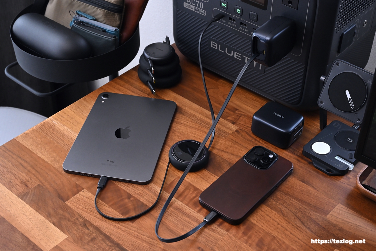 Bluetti AC70/Baseus Free2Pull 巻き取り式 USB-C ケーブル/Baseus ケーブル巻取り充電器