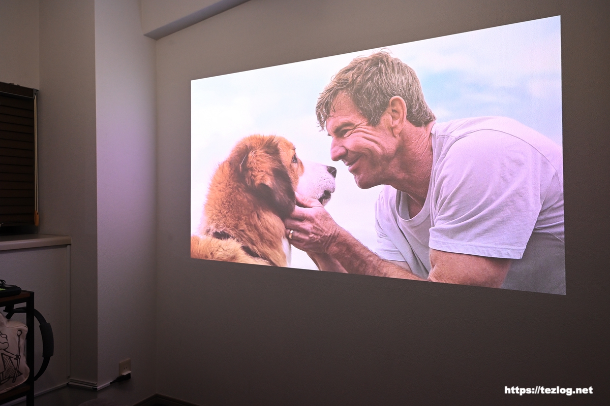 XGIMI HORIZON S Max 照明の点いてる部屋で映画を見てる部屋の様子。